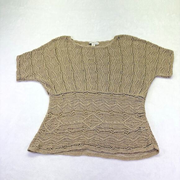 Coldwater Creek Crochet Open Knit Pullover Short Sleeve Sweater Tan Size XL 16 - Picture 2 of 14
